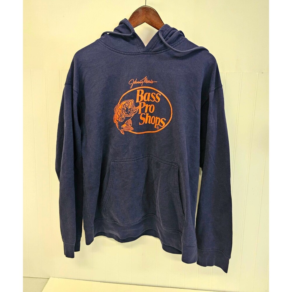 Bass Pro Shops Johnny Morris Mens L Blue Fleece Pullover Hoodie Orange Logo